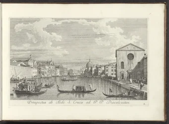 Gezicht op het Canal Grande, de Santa Maria di Nazareth y de San Simeone Piccolo te Veneti Vista desde el Templo de la Santa Cruz a P. Descalzo (título sobre objeto) Las vistas más famosas de la ciudad de Venecia, exprimidas por paneles de latón del Canal 