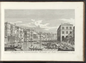Gezicht op het Canal Grande te Venetië Vista desde las Subestructuras de Rialto hasta el Aedes Civrani (título sobre el objeto) Las vistas más famosas de la ciudad de Venecia, distribuidas en tres partes por 38 paneles de latón del Canal de Antonio reprodu
