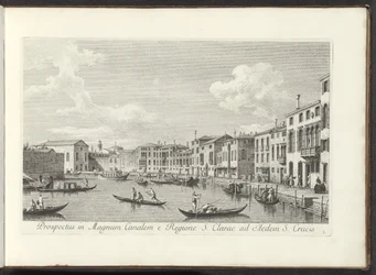 Gezicht op het Canal Grande te Venetië Vista del Gran Canal desde la Región de Santa Clara hasta el Templo de la Santa Cruz (título sobre el objeto) Las vistas más famosas de la ciudad de Venecia, de los 38 paneles de latón del Canal de Antonio reproducido
