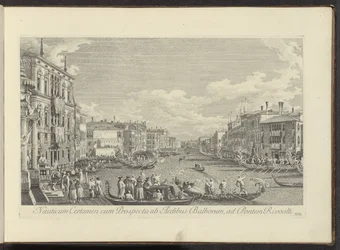Gezicht op het Canal Grande te Venetië waar de Regata plaatsvindt La Batalla del Mar con el Prospecto del Balborus en el Puente del Rialto (título sobre el objeto) Las vistas más famosas de la ciudad de Venecia, de las 38 pinturas de bronce del Canal de An
