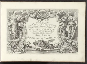 Impresión de título con cartela con Sabiduría y poder Vistas de los Grandes Canales de Venecia (título de la serie) Prospectus Magni Canalis Venetiarum (título de la serie sobre el objeto)