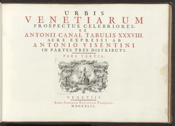 Titelprent met een naakte vrouwenfiguur met schild, helm en boek Las vistas más famosas de la ciudad de Venecia, distribuidas en tres partes por 38 paneles de latón del Canal de Antonio reproducidos por Antonio Vssentini. tercero (título de la serie sobre 