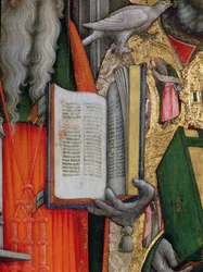 La Biblia de San Jerónimo y la Paloma de San Gregorio, (detalle) del panel izquierdo de La Virgen entronizada con los santos Jerónimo, Gregorio, Ambrosio y Agustín, 1446 (post restauración)