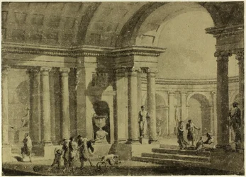 Pórtico clásico con figuras vestidas a la antigua usanza