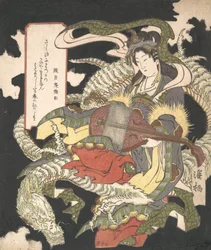 Benzaiten, diosa de la música y la buena fortuna, sentada en un dragón blanco, 1832