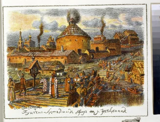 Cañón de lavandería en el río Neglinnaya (Neglimna, Neglinna, Neglinka), en el siglo XVII. Obra de Appolinari Mikhaylovich Vasnetsov (1856-1933), litografía
