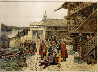 Corte feudal de un príncipe ruso. (En un pueblo medieval, el señor, sentado en una silla en el patio de una casa de madera, rodeado de sus soldados y consejeros, escucha las quejas de los campesinos). Obra de Appolinari Mikhaylovich Vasnetsov