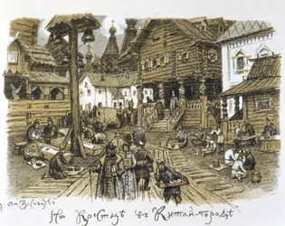 Kitai Gorod en el siglo XVII (Kitay Gorod en el siglo XVII). Distrito de negocios en el centro de Moscú (Rusia), descrito en invierno con la animación de los mercaderes en medio de la arquitectura tradicional. Obra de Appolinari Mikhaylovich Vasnetsov (185