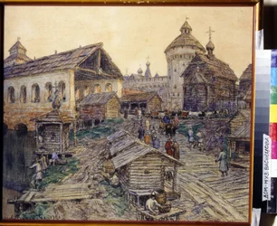 El Puente de la Resurrección en Moscú en el siglo XVII. Obra de Appolinari Mikhaylovich Vasnetsov (1856-1933), acuarela y pastel sobre papel