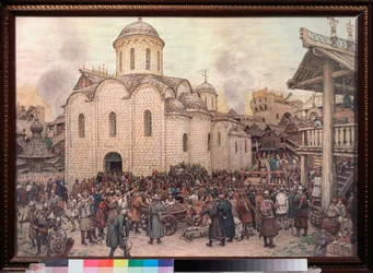 La invasión de Moscú por el Khan Tokhtamych (Toqtamych) (fallecido en 1406), en 1382 (Toma de la ciudad por la Horda de Oro) - Obra de Appolinari Mikhaylovich Vasnetsov (1856-1933), acuarela y carboncillo sobre papel
