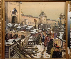Moscú en el siglo XVII, Librerías en el puente de Cristo Salvador (Moscú en el siglo XVII, Librerías en el puente de Cristo Salvador) - Obra de Appolinari Mykhaylovich Vasnetsov (1856-1933), acuarela y blanco sobre cartón
