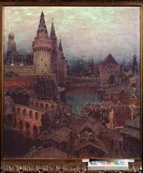 Moscú en el siglo XVII, Amanecer en la Puerta de la Resurrección - Pintura de Appolinari Mikhaylovich Vasnetsov (1856-1933), óleo sobre lienzo