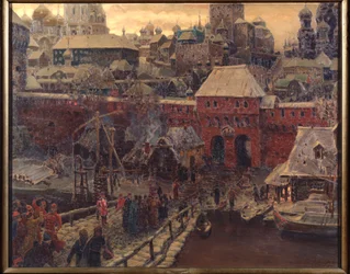 Moscú en el siglo XVII, el puente Moskvoretsky y la puerta del agua - Pintura de Appolinari Mikhaylovich Vasnetsov (1856-1933), óleo sobre lienzo