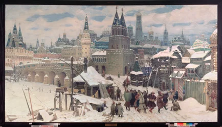 Moscú en el siglo XVII, el Puente de Todos los Santos - Pintura de Appolinari Mikhaylovich Vasnetsov (1856-1933), óleo sobre lienzo