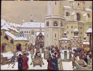 Coloca a Iván el Grande en el Kremlin, en el siglo XVII. (Plaza de la Catedral, Moscú). Obra de Appolinari Mikhaylovich Vasnetsov (1856-1933), lápiz y acuarela sobre papel