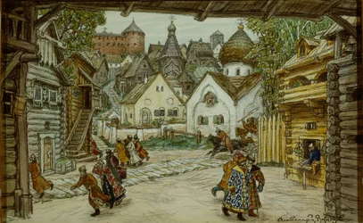 Diseño de escenario para la ópera El Oprichnik El Guardia de Pyotr Tchaikovsky, 1911