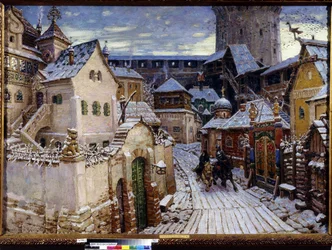 Anuncios. Una mañana en el Kremlin de Moscú. (A Heraldos. Por la mañana en el Kremlin). Pintura de Appolinari Mikhaylovich Vasnetsov (1856-1933), óleo sobre lienzo