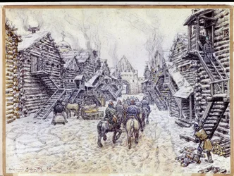 Viejo Moscú. Arquitectura tradicional de madera bajo la nieve. Obra de Appolinari Mikhaylovich Vasnetsov (1856-1933), acuarela y tiza sobre papel