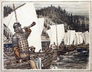 Yermak Timofeyevich (circa 1540-1585) en el río Irtysh. (Yermak Timopheyevich en el Irtysh). Episodio de la exploración y conquista de Siberia, en 1583. Obra de Appolinari Mikhaylovich Vasnetsov (1856-1933), litografía 1916. Arte ruso, 20