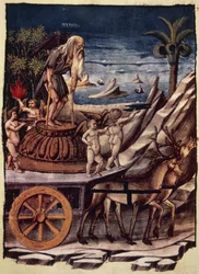 El triunfo del Tiempo, el carro del Tiempo tirado por ciervos, miniatura de Apollonio di Giovanni del poema alegórico Triunfos de Francesco Petrarca