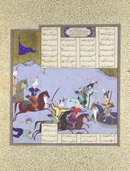 Faramarz rodeado mientras lucha contra Bahman, Folio 475r del Shahnama..., ca. 1530-35