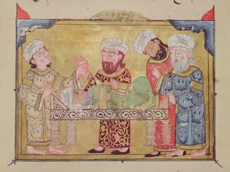 La visita del doctor a su paciente, escena de Las Maqamat por Al-Hariri (gouache sobre vitela)