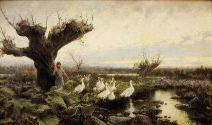 El pequeño guardián de gansos, pintura de Arcadi Mas Fondevila, principios del siglo XX