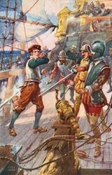 Embarque en un galeón español (litografía en color)