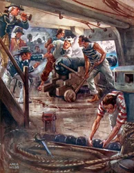 "Cada cañón, desde sus labios adamantinos, esparce una sombra de muerte alrededor de los barcos" (litografía en color)