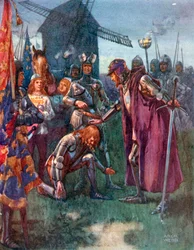 "El príncipe ante su padre se arrodilla humildemente: suya es la batalla - ¡suya toda!" (litografía en color)
