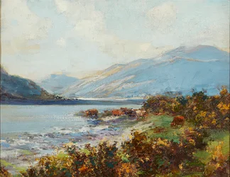 Escena de las Tierras Altas con ganado abrevando ( óleo sobre lienzo)