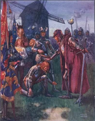 El príncipe se arrodilla ante su padre: ¡La batalla es suya - completamente suya! ilustración de Baladas de Luchas Famosas, c.1900