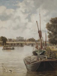 El actual puente de Hammersmith en construcción mostrando el puente temporal, 1886
