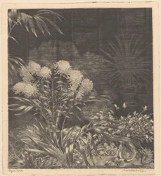Interior con flores en jarrones y plantas en macetas