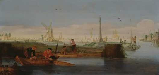 Escena fluvial con pescadores (óleo sobre lienzo)