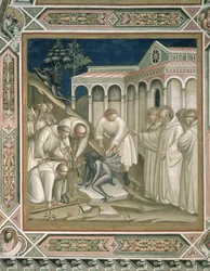 La piedra pesada (detalle) de la vida de San Benito (c.480-c.550), en la sacristía, 1387