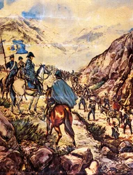 El general José de San Martín, también conocido como el Libertador del Sur, cruzando los Andes con su ejército en dirección a Perú.