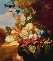 Naturaleza muerta con frutas y flores