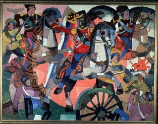 Batalla de la victoria. Escena de batalla, expresiva y colorida, soldados armados, jinetes cargando, rueda de cañón y explosiones y soldados caídos. Pintura de Aristarkh Vasilyevich Lentulov