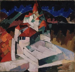 Iglesia en Kislovodsk (Cáucaso del Norte, Rusia) (Iglesia en Kislovodsk). Descripción cubista del edificio religioso en un paisaje. Pintura de Aristarkh Vasiliyevich Lentulov (Lentulov) (1882-1943), óleo sobre lienzo