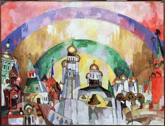 Firmamento, Moscú decorativa. (Firmamento. Moscú decorativa). Pintura de Aristarkh Vasilyevich Lentulov (Lentulov) (1882-1943), óleo sobre lienzo