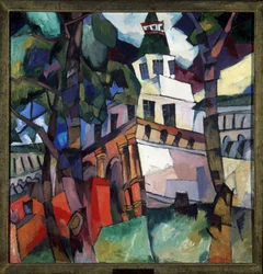 La torre de la puerta del nuevo monasterio en Jerusalén (Israel). (Torre de la Puerta, Monasterio de la Nueva Jerusalén). Pintura de Aristarkh Vasilyevich Lentulov (Lentulov) (1882-1943), óleo sobre lienzo