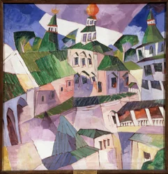 Monasterio. La Corte del Obispo en el Monasterio de la Nueva Jerusalén en Rusia. (Monasterio. Patio del Obispo en el Monasterio de la Nueva Jerusalén). Pintura de Aristarkh Vasilyevich Lentulov (Lentulov) (1882-1943), óleo sobre lienzo