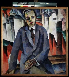 Retrato del Regisseur Alexander Tairov (1885-1950) (Retrato del Regisseur A. Tairov). Pintura de Aristarkh Vasilyevich Lentulov (Lentulov) (1882-1943), óleo sobre lienzo. Arte ruso, vanguardia del siglo XX. Museo Estatal Ruso, San Petersburgo.