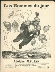 Portada de Les Hommes du jour, ca. 1905 - Ilustración de Aristide Delannoy (1874-1911): Globos de baudruche - Clemenceau George, Jaures Jean, Fallieres Armand (1841-1931), Maujan Adolphe (1853-1914)