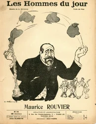 Portada de Les Hommes du jour, circa 1906 - Ilustración de Aristide Delannoy (1874-1911): Plata - Rouvier Maurice (1842-1911) - Malabarismo