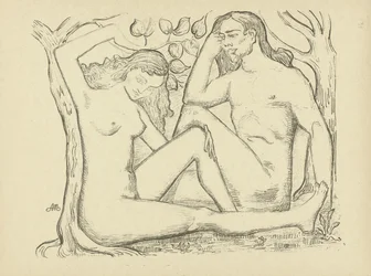 Adán y Eva sentados junto al árbol hombre y mujer desnudos L