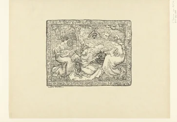 Tapiz con cuatro mujeres haciendo música en un paisaje
Tapisserie ou concert champêtre
L