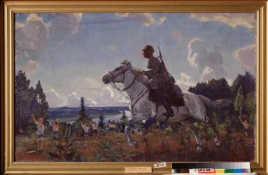Con un informe. (Un mensajero de un regimiento de caballería del Ejército Rojo galopa por el campo, recibido por niños con uniformes de jóvenes socialistas). Pintura de Arkadi (Arkady) Alexandrovich Rylov (1870-1939), óleo sobre lienzo