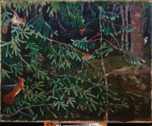 Los habitantes del bosque. (Ardillas en las ramas y un pájaro picoteando un tronco). Pintura de Arkadi (Arkady) Alexandrovich Rylov (1870-1939), óleo sobre lienzo